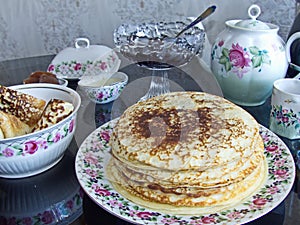 Traditional russian blini. Pancakes. Pancake week. Maslenitsa is an Eastern Slavic traditional holiday