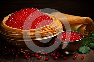 Traditional russian blini with red caviar on a comfortable cozy background