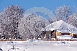 Traditional russian country house izba in village Talitsa under winter snow