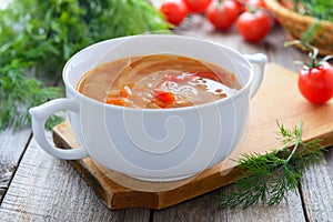 Traditional Russian cuisine - vegetable soup with cabbage