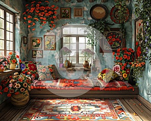 Traditional Russian dacha with folk art and a samovar3D render.