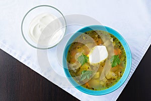 Traditional Russian food - soup rassolnik Traditional Russian food - soup rassolnik with sour cream