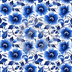 Seamless blue and white floral gzhel pattern with intricate flowers and leaves photo