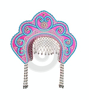 Traditional russian headwear. Pink kokoshnik isolated on white background