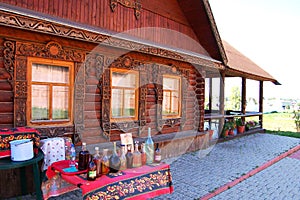 Traditional Russian hut. Russian drink. Suzdal, Russia