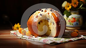 Traditional Russian Kulich Easter bread with visible raisin inside, presented on a rustic wooden surface. Festive