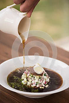 Traditional Russian kvass soup okroshka