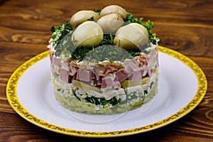 Traditional Russian layered salad `Mushroom Glade`