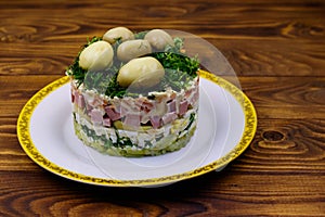 Traditional Russian layered salad `Mushroom Glade`