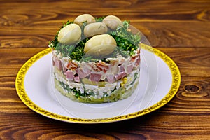 Traditional Russian layered salad `Mushroom Glade`