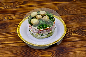 Traditional Russian layered salad `Mushroom Glade`