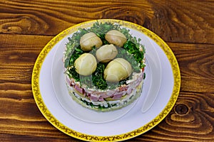 Traditional Russian layered salad `Mushroom Glade`