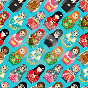 Traditional Russian doll Matryoshka toy nesting vector illustration with human girl cute face seamless pattern