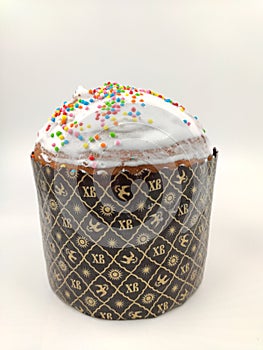 Traditional Russian Orthodox Easter bread-kulich. A small Easter cake with the Russian traditional inscription `XB`