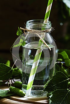 Traditional Russian refreshing drink birch juice in a small bott