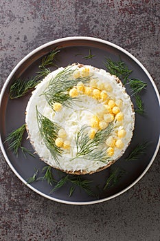 Traditional Russian salad Mimosa with vegetables, eggs and canned fish closeup on the plate. Vertical top view