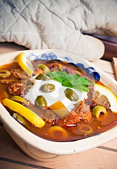 Traditional russian Soljanka soup