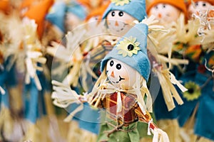 traditional Russian stuffed on pancake week. Straw effigy for the traditional Slavic holiday - Maslenitsa. Homemade dolls stuffed