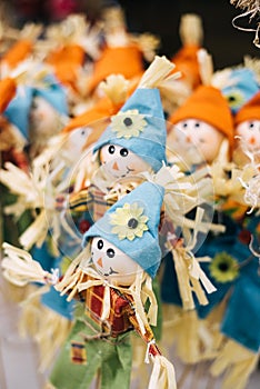 Traditional Russian stuffed on pancake week. Straw effigy for the traditional Slavic holiday - Maslenitsa. Homemade dolls stuffed