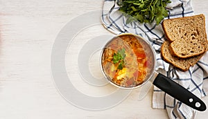 Traditional russian vegetable soup shchi in a ladle and bread on a white background. Top view