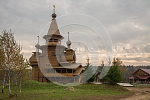 The traditional russian wooden church in the ancient Russia.