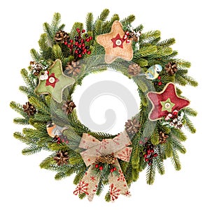 Traditional rustic Christmas wreath on white background