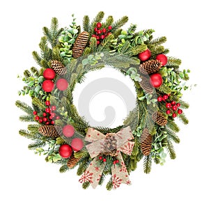 Traditional rustic Christmas wreath on white background