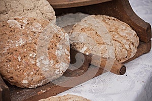Traditional Rye flour bread cooked on site during the `Apple fest` celebration in Val Isarco, Dolomites