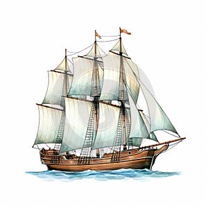 Traditional Sailing Ship Illustration In Realistic Watercolor Style