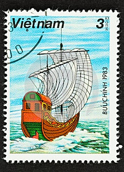Traditional Sailing Ship on Vietnam Stamp on Ocean