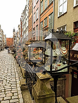 Traditional sale of amber jewelry in Mariacka Street in Gdansk. Poland photo