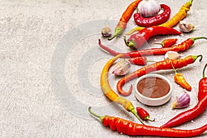 Traditional sauce Sriracha with ingredients