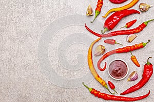 Traditional sauce Sriracha with ingredients