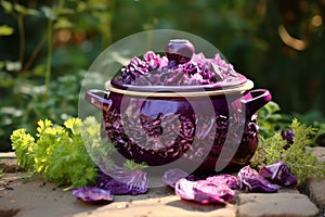 Traditional Sauerkraut cabbage in pot. Generate ai