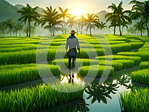 Traditional scarecrow standing in expansive green rice fields under a bright blue sky