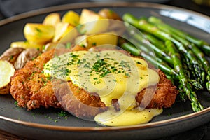Traditional schnitzel dish with a side of asparagus