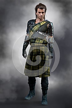 Traditional Scottish Romantic Highland Warrior dressed in green tartan kilt with leather armor / armour