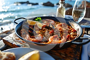 Traditional seafood paella in the pan on a table by the sea