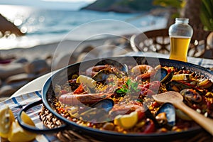 Traditional seafood paella in the pan on a table by the sea