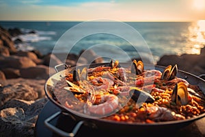 Traditional seafood paella in the pan on a table by the sea. Generative AI