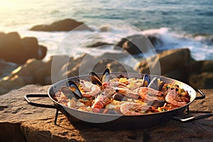 Traditional seafood paella in the pan on a table by the sea. Generative AI