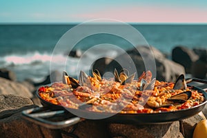 Traditional seafood paella in the pan on a table by the sea. Generative AI