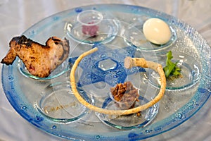 Traditional Seder plate on Passover Jewish Holiday