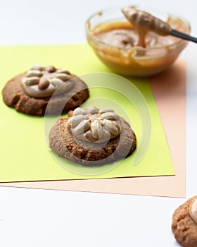 Traditional Senegalese cookies Five cents with peanut butter. Close-up of homemade cookies on a bright background. Gluten-free