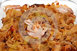 Traditional Serbian food Podvarak with cabbage and meat. Sauerkraut with bacon