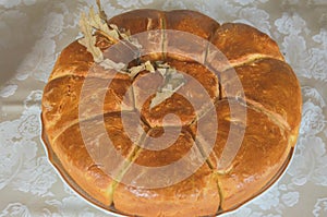 Traditional Serbian homemade Christmas bread with Christmas tree and bread