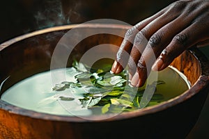 In a traditional setting, fresh green tea leaves are sorted by hand in warm water for preparation
