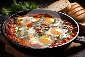 Traditional Shakshuka in frying pan. Generate Ai