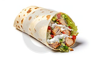 Traditional shawarma isolated on white background. Chicken meat, vegetables and salad are wrapped in pita bread. Side view