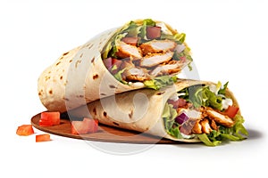 Traditional shawarma isolated on white background. Chicken meat, vegetables and salad are wrapped in pita bread. Side view